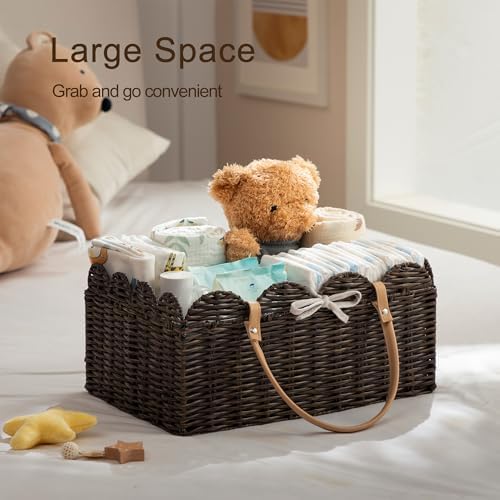 HBlife Baby Diaper Caddy Organizer, Portable Scalloped Plastic Wicker Woven Basket with Divider, Nursery Diaper Station, Baby Shower Gifts Basket, Car Organizer, Washable Waterproof