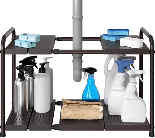 Simple Houseware Under Sink 2-Tier Heavy Duty Expandable Organizer, Bronze | Adjustable Width 15.75–25 Inches with 4 Shelf Height Levels
