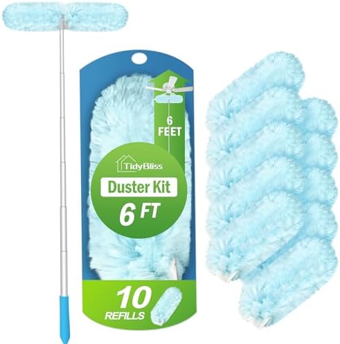 TidyBliss 6 ft Extendable Dusters for Cleaning Compatible with Swiffer, Super Long Handle Dusting Wand Kit with 10 Refills, 360 Degree Heavy Duty Microfibers Dust Removing Tool for Ceiling Fan Wall