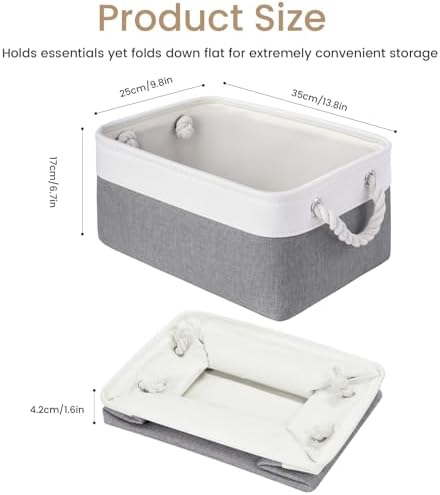 13.8x9.8x6.7 Inch Fabric Small Storage Bins with Handles 3 Pack | Foldable Storage Basket, Sturdy Metal Strand, Cardboard Support Molding, Small Baskets for Organizing, Shelves, White/Gray