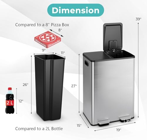 Goplus Dual Trash Can, 16 Gallon/ (2x30L) Double Trash and Recycling Bin Combo for Kitchen, Stainless Steel Garbage Can with 2 Removable Inner Buckets, Soft Closure & Step-on Pedal