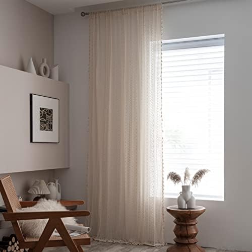 Sutuo Home Crochet Boho Curtain 63 Inches Length, Sheer Lace Handmade Tassels Knitted Window Treatment Vintage Rustic Bohemian Farmhouse Drape for Bedroom Rod Pocket 1 Panel 59" W x 63" L, Beige Wave