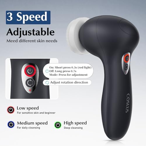 COSLUS FBX04 Facial Cleansing Brush Scrubber, 3-in-1 Bi‑Directional Spin | Electric Spin Brush for Removing Blackhead, Exfoliating, Massaging, Type-C Rechargeable, 3 Speeds, Waterproof, Men Women