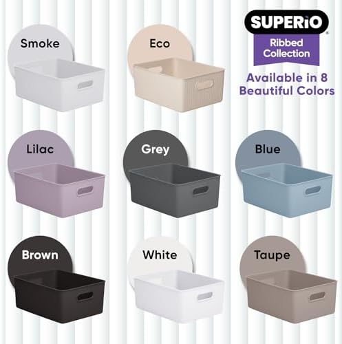 Superio Ribbed Collection - Decorative Plastic Basket Open Home Storage Bins Organizer, Large Grey (4 Pack) Container Boxes for Organizing Closet Storage Bins for Shelves 15 Liter/16 Quart