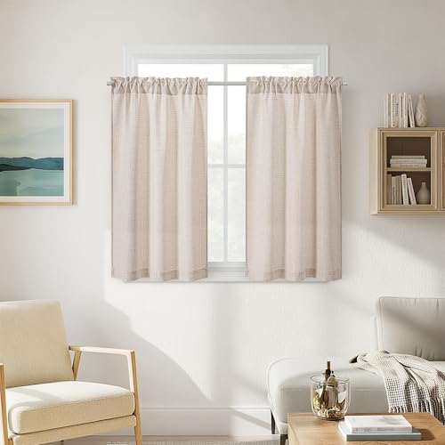 40 Inch Short Linen Curtains 2 Panels Rod Pocket for Small Window | Bedroom Living Room, Light Coffee Tan Beige, Front Door Curtain, Rustic, Semi Sheer Privacy, Basement Drapes, W34xL40