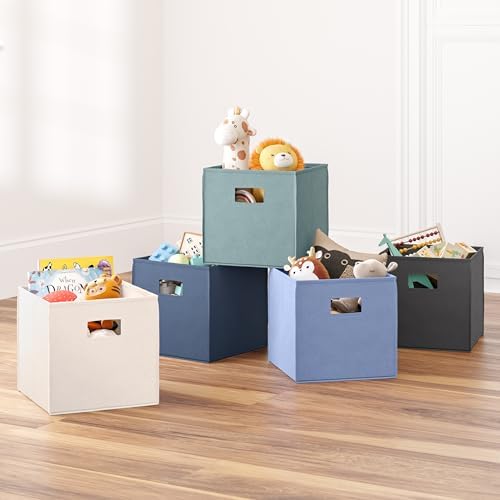 RiverRidge Folding Storage Bins - 2-pack of 10in Tall Sea Green Cubes | Fabric Bins, Set of 2 Storage Cubes, Cut-out Handles, Playroom Closet Organizer, Collapsible Cubby with Bottom Board Insert