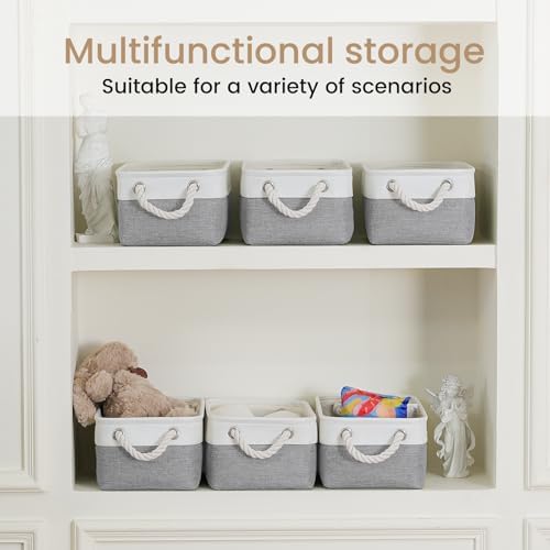 11.8x7.9x5.2 Inch Fabric Small Storage Bins with Handles 6 Pack | Foldable Storage Basket, Sturdy Metal Strand, Cardboard Support Molding, Small Baskets for Organizing, Shelves, White/Gray