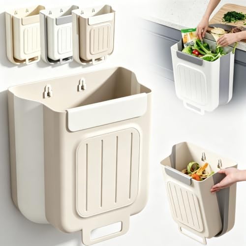 Foldable Kitchen Trash Can, Hanging Collapsible Trash Can，M,White | Multipurpose Wall-Mounted Folding Waste Bin, Space-Saving Expandable Garbage Basket Hangs on Cabinet Door for Food Prep Peels