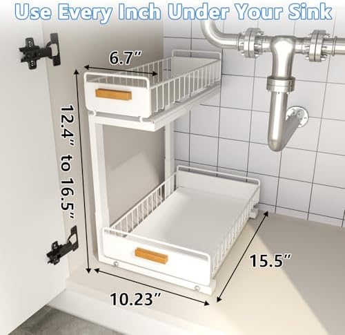 Under Sink Organizer Kitchen - Upgraded Professional Rails, 2 Tier Dual Pull Out Cabinet Storage, Height Adjustable Under Sink Storage, Metal Sliding Drawer for Kitchen & Bathroom, White, 2 Pack