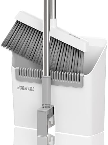 JOYMOOP White Broom and Dustpan Set, Upright Angle Design with Built-in Comb Teeth for Kitchen, Office, Pet Hair, Hard Floors