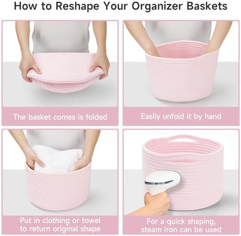 3 Pack Small Rope Storage Baskets, 9.82×9.82×7.1", Pink | Cotton Basket for Gifts Empty, Cute Round Woven Basket, Decorative Shelf Basket Organizer, Organizing Basket for Shelves