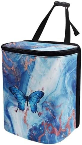 Blue Butterfly Marble Print Trash Can for Car Leakproof Garbage with Lid and Zipper Trash Bin Hanging Back of Seat Auto Interior Accessories Universal Fit Most Truck SUV Van