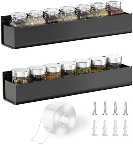 PMMASTO Adhesive Acrylic Spice Rack, Black- 2 Pack | Acrylic Spice Rack Uses Double-Sided Adhesive Tape for Wall, Cabinet Door Pantry Door Storage