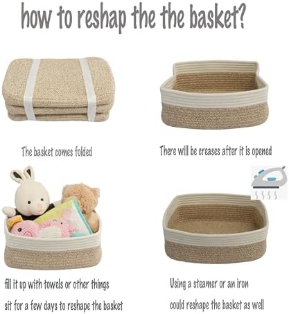 XUANGUO Small Woven Storage Baskets for Shelves, 13" x 9" x 5", White/Brown | Decorative rope storage bins for closets and toy storage; cute organizer baskets, empty gift baskets and nursery storage.