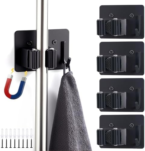 4pcs Magnetic Broom Holder Wall Mount, Black | 12.13lbs Heavy Duty, Mop and Broom Organizer, No Drill Tool Gripper, For Garage Home Office RV & Living Room