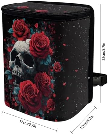 Skull Red Roses Pattern Car Trash Can with Lid and Zipper Portable Foldable Trash Bin for Car Interior Accessories Multipurpose Garbage Can Bags Storage Organizer Halloween Decor
