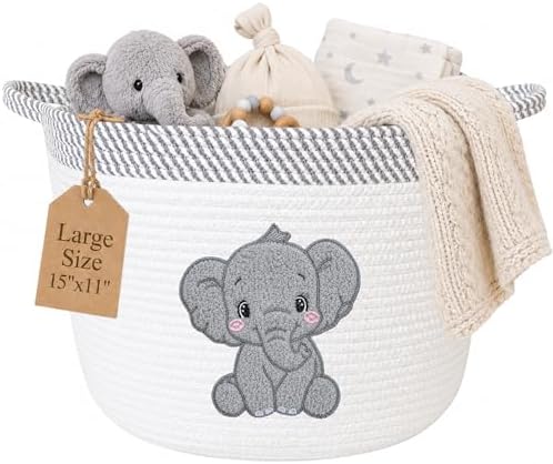 Elephant Baby Storage Basket, Woven Cotton Rope Nursery Bin, 15x11 in | Stuffed Animal and Blanket Storage, Soft Felt Elephant Patch, Neutral Baby Room Decor, Baby Shower, Kids Playroom Organizer