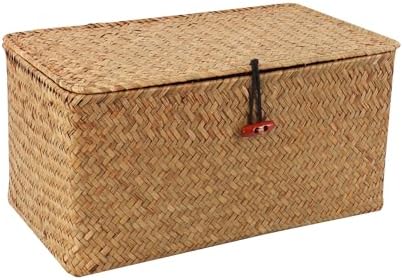 Moosky Wicker Shelf Baskets with Lid,Natural Seagrass Storage Basket Boxes Handwoven Rectangular Baskets Bins Multipurpose Home Organizer Decor (Medium)