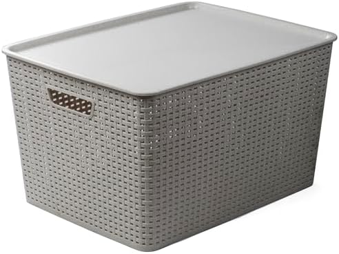 BINO | Plastic Storage Baskets with Lids, 45 Liter - 3 Pack, Natural Grey | THE WOVEN COLLECTION | Storage Basket for Shelves | Woven Storage Baskets for Organizing Bins | Pantry Shelf Organizer Bin