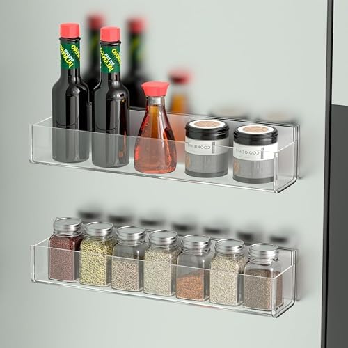 PMMASTO Adhesive Acrylic Spice Rack Organizer for Wall with Nano Double Sided Tape, Spice Shelf Organization for Kitchen Cabinet Door/Pantry Door, Wall Mount Seasoning Rack (Clear-2 Pack) | Acrylic Spice Rack Uses Double-Sided Adhesive Tape for Wall, C...