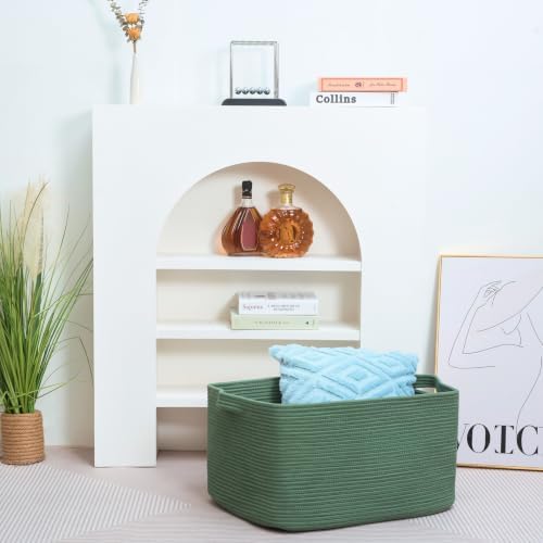 MINTWOOD Design 22in Extra Large Blanket Basket Holder Living Room, Rectangle Rope Woven Storage Basket with Handles for Laundry, Pool Towels, and Shoes, Dog Toy Organizer Bin Box, Forest Green