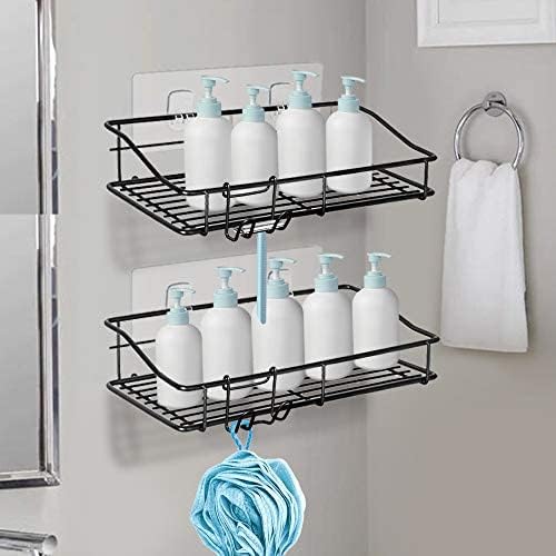 Nieifi Shower Caddy Adhesive, Shower Shelves, Shampoo Holder for Bathroom | Stainless steel, 2 pack, shower rack, shower organization, with hooks, rustproof, no drilling, razor holder, black