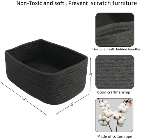 XUANGUO Small Woven Storage Baskets for Shelves, 12" x 8" x 5", Black | Decorative rope storage bins for closets and toy storage; cute organizer baskets, empty gift baskets and nursery storage.