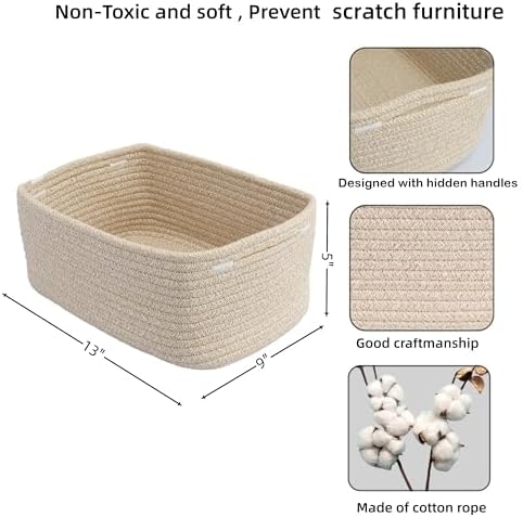 XUANGUO Small Woven Storage Baskets for Shelves, 13" x 9" x 5", Oatmeal | Decorative rope storage bins for closets and toy storage; cute organizer baskets, empty gift baskets and nursery storage.