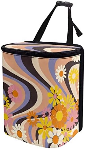 Boho Flower Hippie Daisy 70S 80S Wavy Swirl Y2K Aesthetic Car Accessories for Women Car Trash Can for Back of Seat Leak Proof Garbage Can with Lid and Zipper Collapsible Trash Bin Hanging