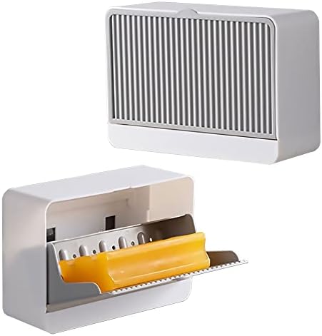 2 Pack Dust-Proof Soap Holder for Shower Wall, Adhesive Wall-Mounted Bar Soap Dish, No-Drill Plastic Soap Saver with Drain, xicveiuz White-Grey
