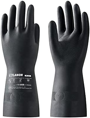LANON Rubber Chemical Resistant Gloves,Heavy-duty Work,Unlined,Black,Large | Heavy-Duty Work,Cleaning,Waterproof,Unlined,Reusable,Comfortable,Durable,Non-Slip,Acid,Solvent,Alkali & mechanical risks.