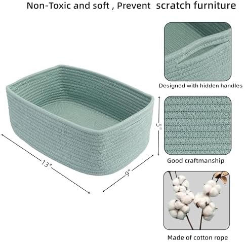 XUANGUO Small Woven Storage Baskets for Shelves, 13" x 9" x 5", Green | Decorative rope storage bins for closets and toy storage; cute organizer baskets, empty gift baskets and nursery storage.