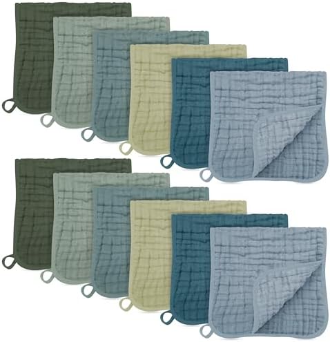 SWEET DOLPHIN 12 Pack Muslin Burp Cloths Large 100% Cotton Burping Clothes for Baby Drool - Absorbent and Soft Boys & Girls Milk Spit Up Rags for Newborn Essentials Registry - Ocean Dip