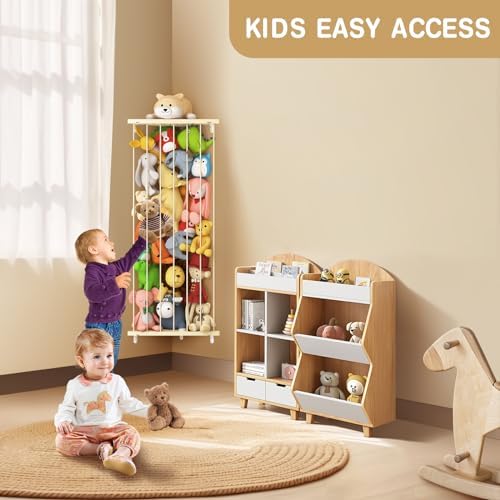 Stuffed Animal Storage Shelf Organizer(Patented) - Corner Stuffed Animal Holder Length Adjustable - Wall Plush Storage for Nursery Playroom Bedroom Kids Room (Beige, Standard)