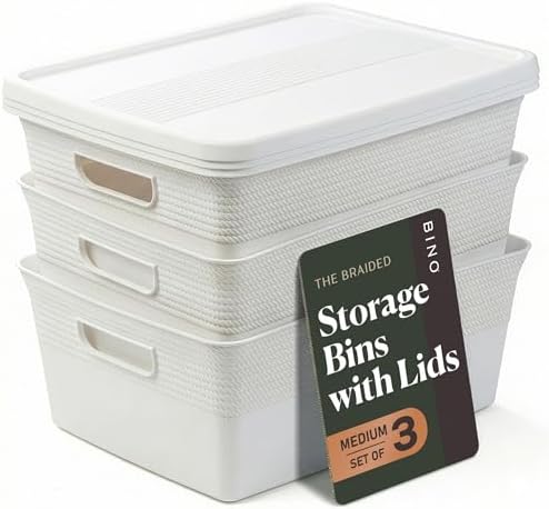 BINO | Plastic Storage Bins with Lids, 13 Liter - 3 Pack, White | THE BRAIDED COLLECTION | Plastic Bins for Organization Woven Storage Baskets for Organizing Pantry Shelf Organizer Basket Bin