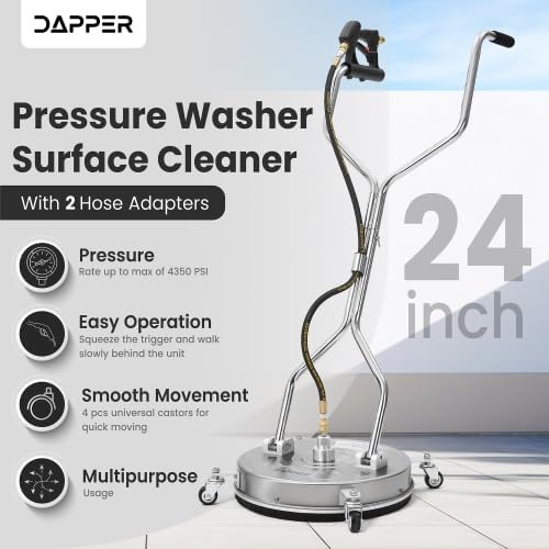 Dapper Supply 24 in. Pressure Washer Surface Cleaner in Stainless Steel w/Handles & Wheels, 4350 Max PSI, 3/8" Connector & 2 Adapters Ideal for Driveways, Sidewalks, Patios, Decks