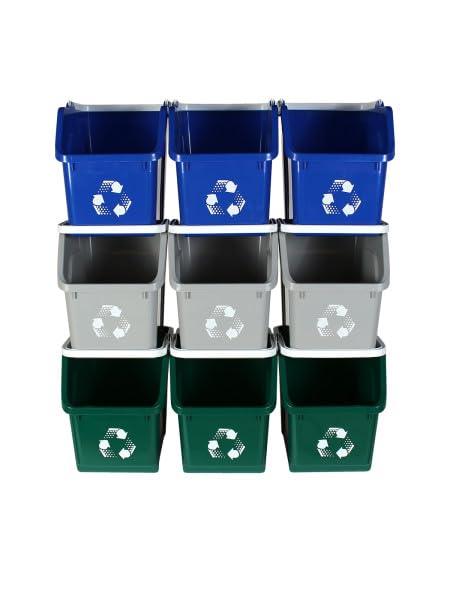 Multi Bin 6 Gallon Stackable Recycle Bins, Trash Can Kitchen Recycling Set | Recycling containers stackable design that saves floor space, while open-front bins with ergonomic handles ensure quick