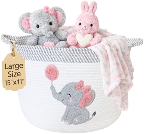 Elephant Baby Storage Basket for Girls, Cotton Rope Nursery Bin, 15x11 in | Stuffed Animal and Blanket Storage, Soft Felt Elephant Patch, Pink Baby Room Decor, Shower Gift, Kids Playroom Organizer