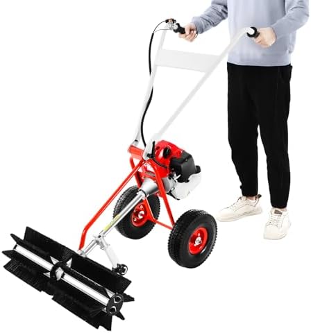 Handheld Lawn Sweeper, 43CC 1.7HP 2 Stroke Gas Power Push Sweeper Gasoline Walk Behind Snow Lawn Sweeper Brush Broom Sweeping Machine for Garden Yard Sidewalk Driveway Turf Grass Cleaning Tool