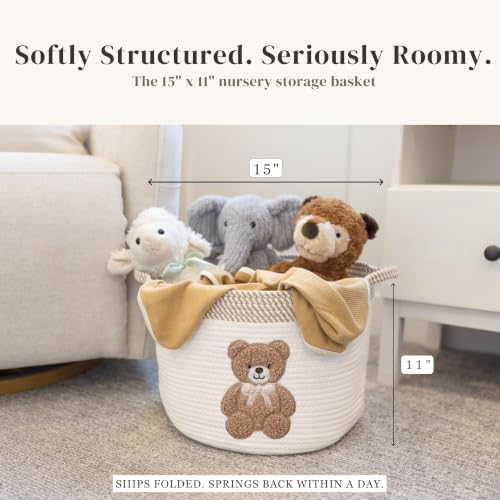 Teddy Bear Baby Storage Basket, Woven Cotton Rope Nursery Bin, 15x11 in | Stuffed Animal and Blanket Storage, Embroidered Bear Patch, Gender Neutral Nursery Decor, Shower Gift, Playroom Organizer