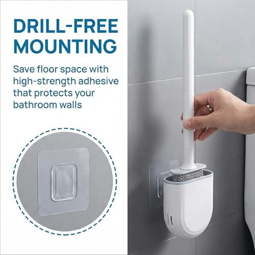 RV Silicone Toilet Brush with Holder, Drill-Free Wall Mounted Toilet Bowl Cleaner, Anti-Drip Anti-Roll Compact Brush for RV Camper & Small Bathroom (White)