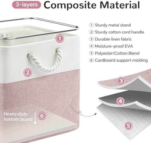 13x13 Inch Foldable Fabric Cube Storage Bins with Handles 6 Pack | Sturdy Metal Strand, Cardboard Support Molding, Storage Basket, Cube Storage Bin for Shelves, Closet, Bedroom, White/Pink