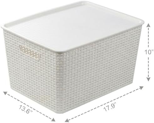BINO | Plastic Storage Baskets with Lids, 33 Liter - 3 Pack, White | THE WOVEN COLLECTION | Storage Basket for Shelves | Woven Storage Baskets for Organizing Bins Pantry Shelf Organizer Container Bin
