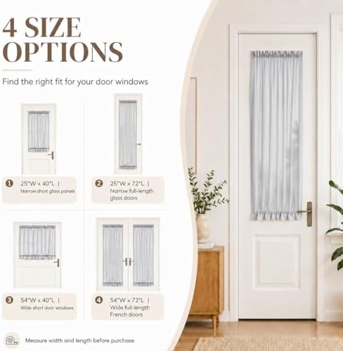 Aquazolax Kitchen Sheer Door Curtains Set of 2 for Small Glass Window, Door Curtain Panels for Front/French/Doorway/Sidelight Windows with Tieback, 25x40 Inches Grey