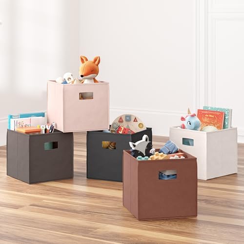 RiverRidge Folding Storage Bins - 2-pack of 10in Tall Terracotta Cubes | Fabric Bins, Set of 2 Storage Cubes, Cut-out Handles, Playroom Closet Organizer, Collapsible Cubby with Bottom Board Insert