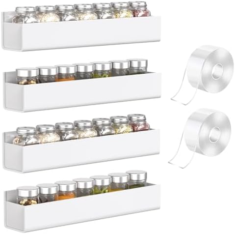 PMMASTO 4-Pack White Acrylic Spice Rack Organizers for Cabinet Doors | Nano Double-Sided Tape or Screw Mounting, for Cabinet and Pantry Doors, Stores Spices, Bathroom Supplies and Small Items