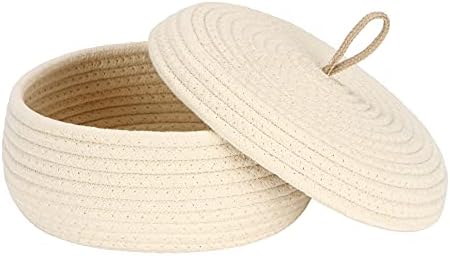 Sea Team Round Woven Cotton Rope Storage Basket with Lid, Cream | Lidded Knitted Decorative Storage Bin, Pot, Caddy, Organizer, Container for Snacks, Towels, Plants, 10 x 4.5 Inches