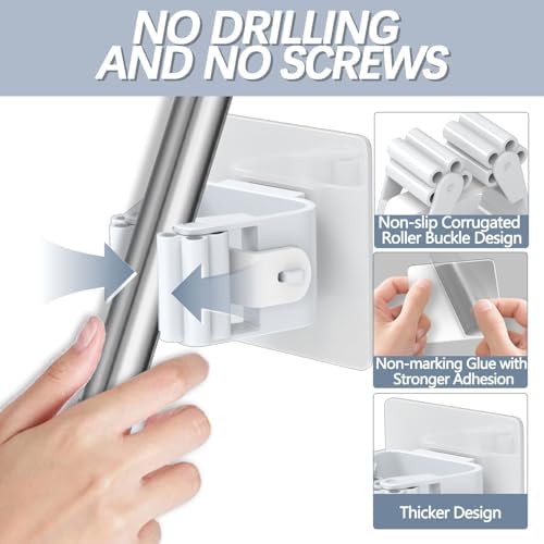 3-H 24-Pack Self Adhesive Broom Holder Wall Mount - Heavy Duty No Drill Broom Organizer for Garage Closet Kitchen, Plastic Storage Rack for Brooms Mops Tools, Peel and Stick Adhesive, White