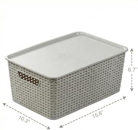 BINO | Plastic Storage Baskets with Lids, 15.5 Liter - 3 Pack, Natural Grey | THE WOVEN COLLECTION | Storage Basket for Shelves | Woven Storage Baskets for Organizing Bins | Pantry Shelf Organizer Bin