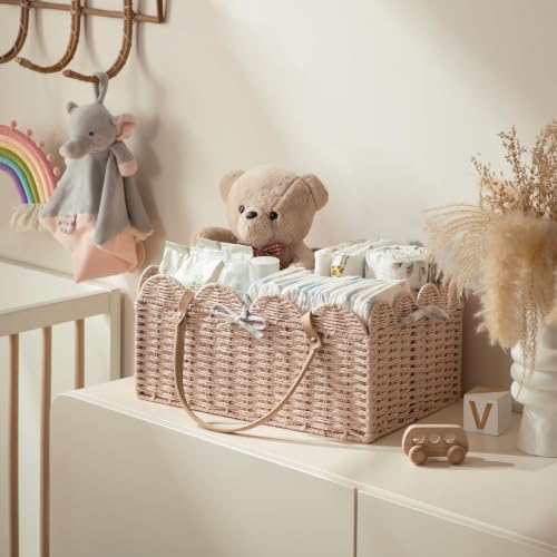 HBlife Baby Diaper Caddy, Paper Rope Storage Baskets Nursery Bin with Removable Divider, Portable Car Organizer for Diapers, Baby Shower Gifts, Newborn Essentials Must Haves